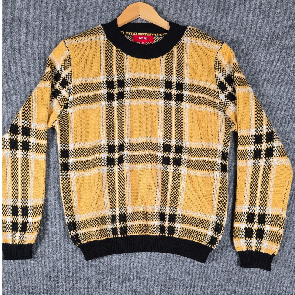 NET.153 Yellow Black Plaid‎ Crew Neck Knit Sweater M